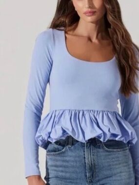 #552 NWOT Adorable Astr Light Blue Long-Sleeve Ruffle Peplum Top